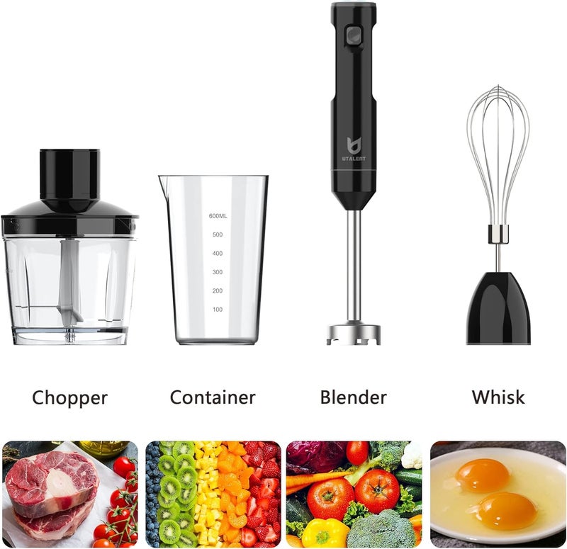 UTALENT Cordless Hand Blender, Variable Speed Immersion Blender Rechargeable, with 500ml Chopper, 600ml container, Egg Whisk, for Smoothies, Baby Food and Soups – Black - Image 3